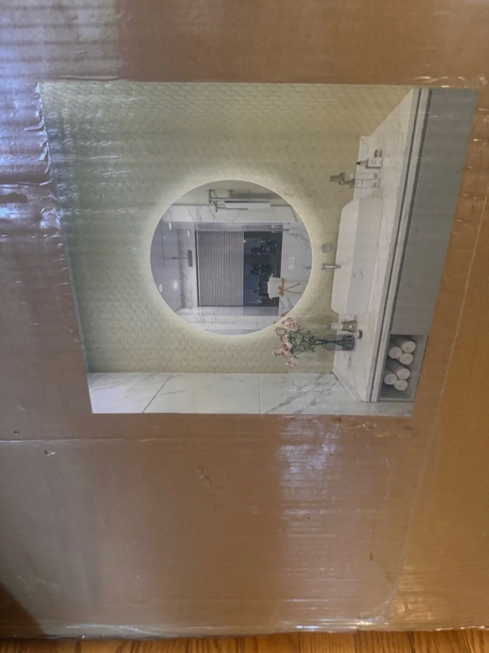 Modern Wall Mirror with Brown Slat Paneling - Unbranded